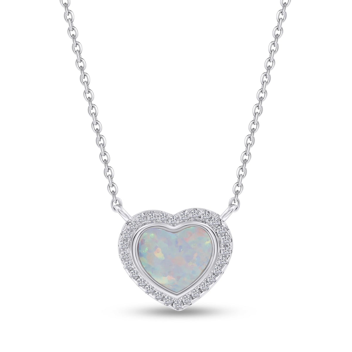 Heart Simulated Opal & Round Shape White Cubic Zirconia Halo Heart Pendant  Necklace In 925 Sterling Silver Along With 16