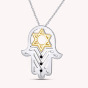 Hamsa Hand with Star of David Simulated Black CZ Pendant Necklace