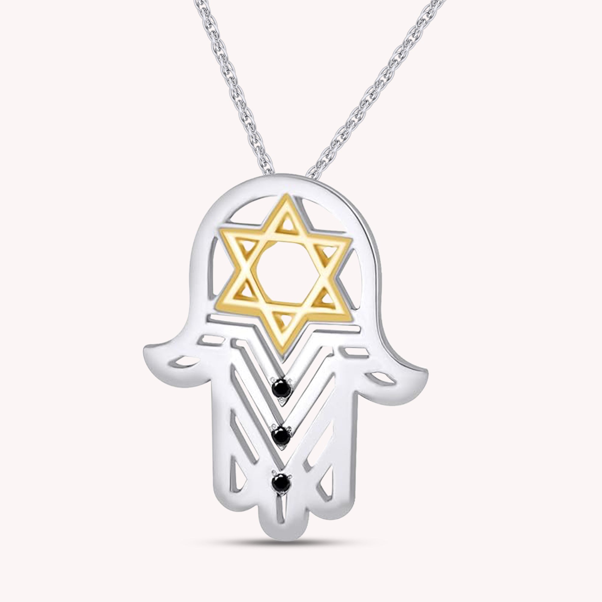 Hamsa Hand with Star of David Simulated Black CZ Pendant Necklace