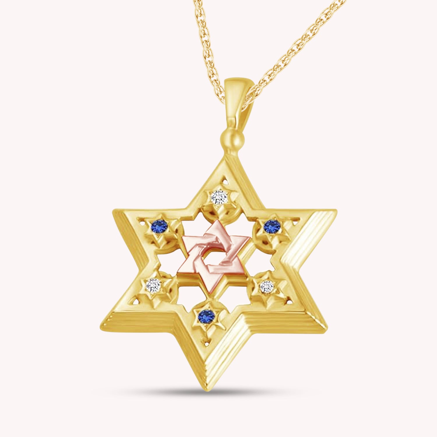 Jewish Star of David Round Shape Simulated Sapphire & White CZ Two Tone Pendant Necklace