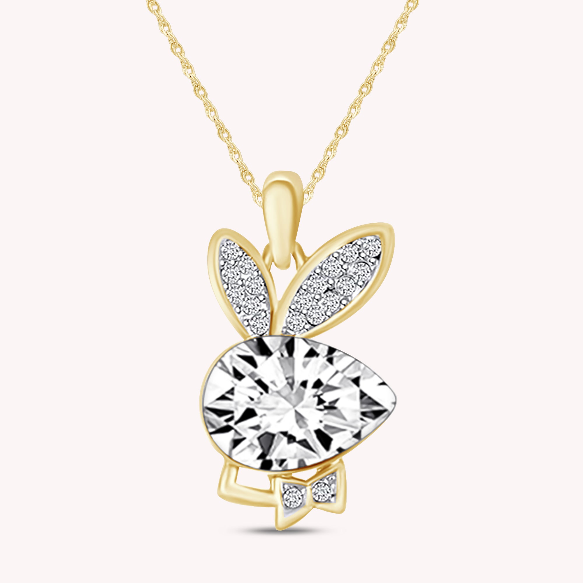 Cubic Zirconia Bunny Animal Pendant Necklace In 14K Gold Over
