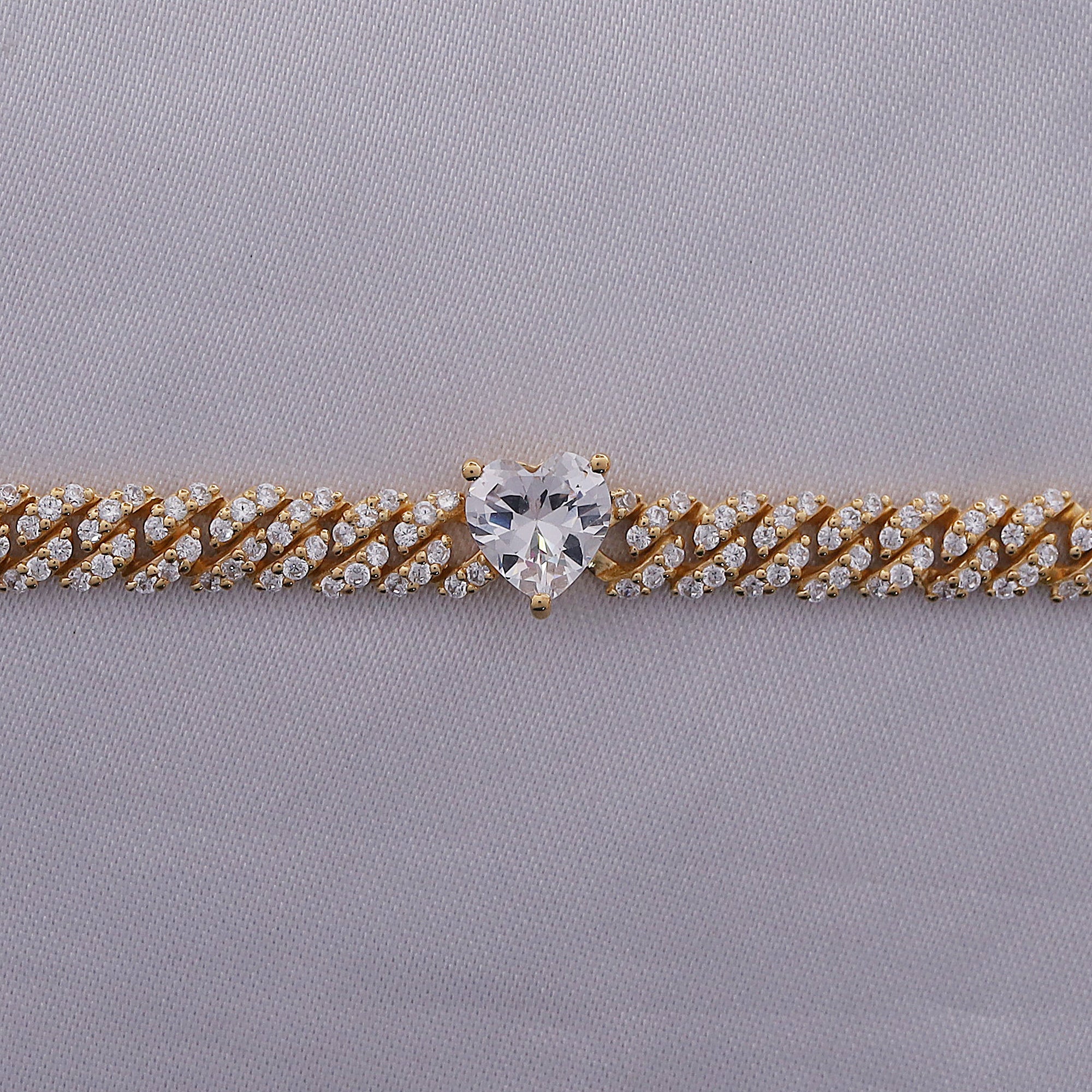 Single Row Cuban Chain Bracelet Heart & Round Shape White Cubic Zirconia
