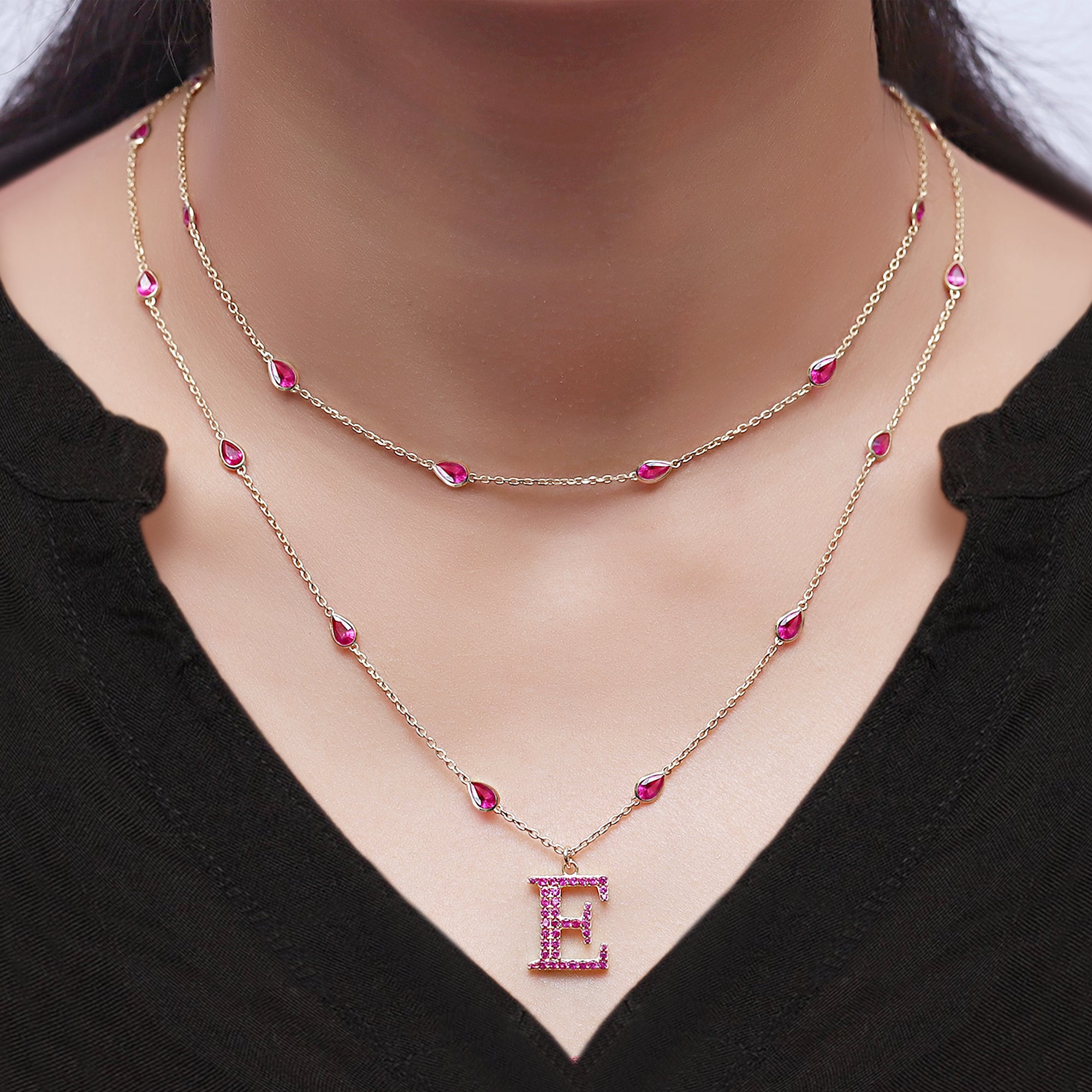 Personalized Initial Letter " E " Two Layer Station Necklace In Ruby Lab Grown Gemstone
