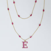 Personalized Initial Letter " E " Two Layer Station Necklace In Ruby Lab Grown Gemstone