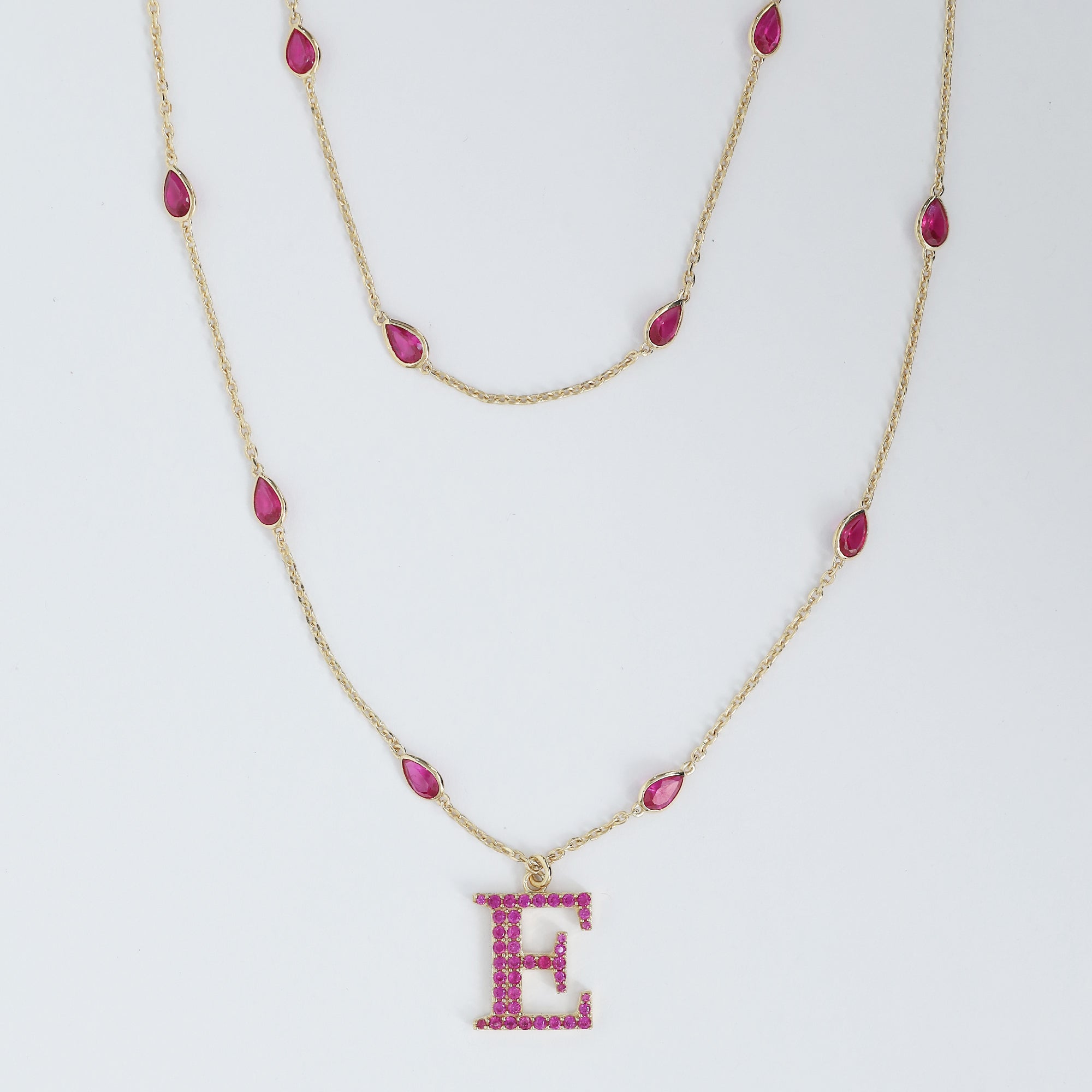 Personalized Initial Letter " E " Two Layer Station Necklace In Ruby Lab Grown Gemstone