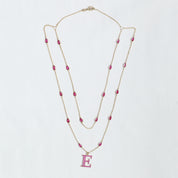 Personalized Initial Letter " E " Two Layer Station Necklace In Ruby Lab Grown Gemstone