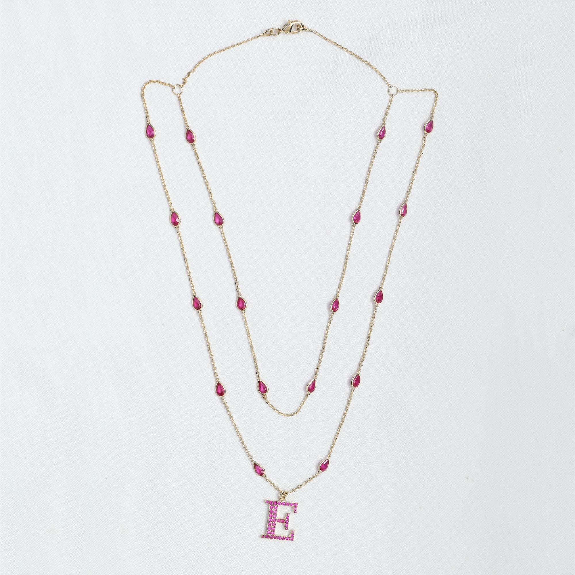 Personalized Initial Letter " E " Two Layer Station Necklace In Ruby Lab Grown Gemstone