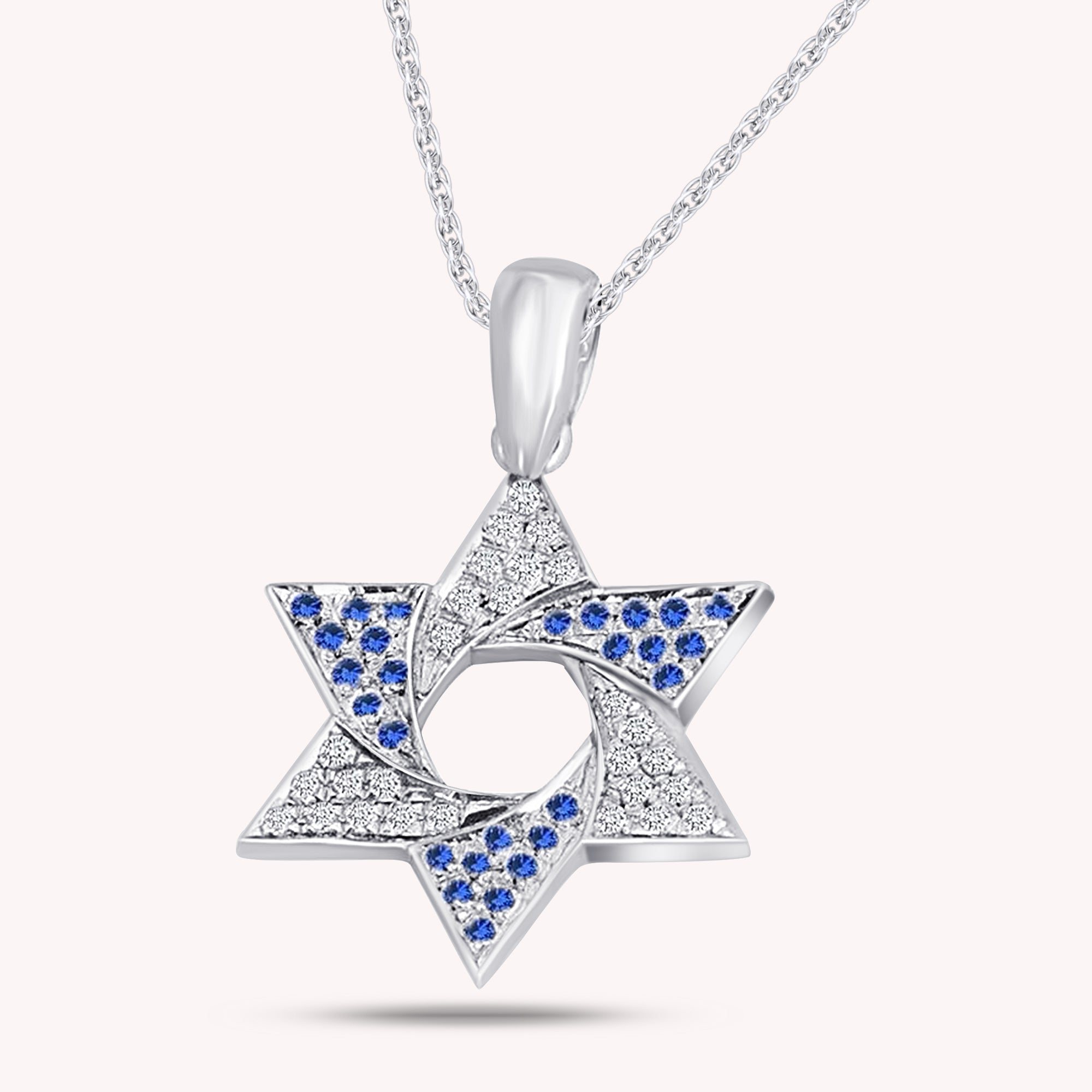 Simulated Sapphire & White CZ Star of David Pendant Necklace In 925 Sterling Silver