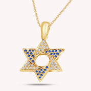 Simulated Sapphire & White CZ Star of David Pendant Necklace In 925 Sterling Silver