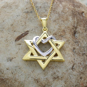 Two Tone Star of David with Heart Pendant Necklace