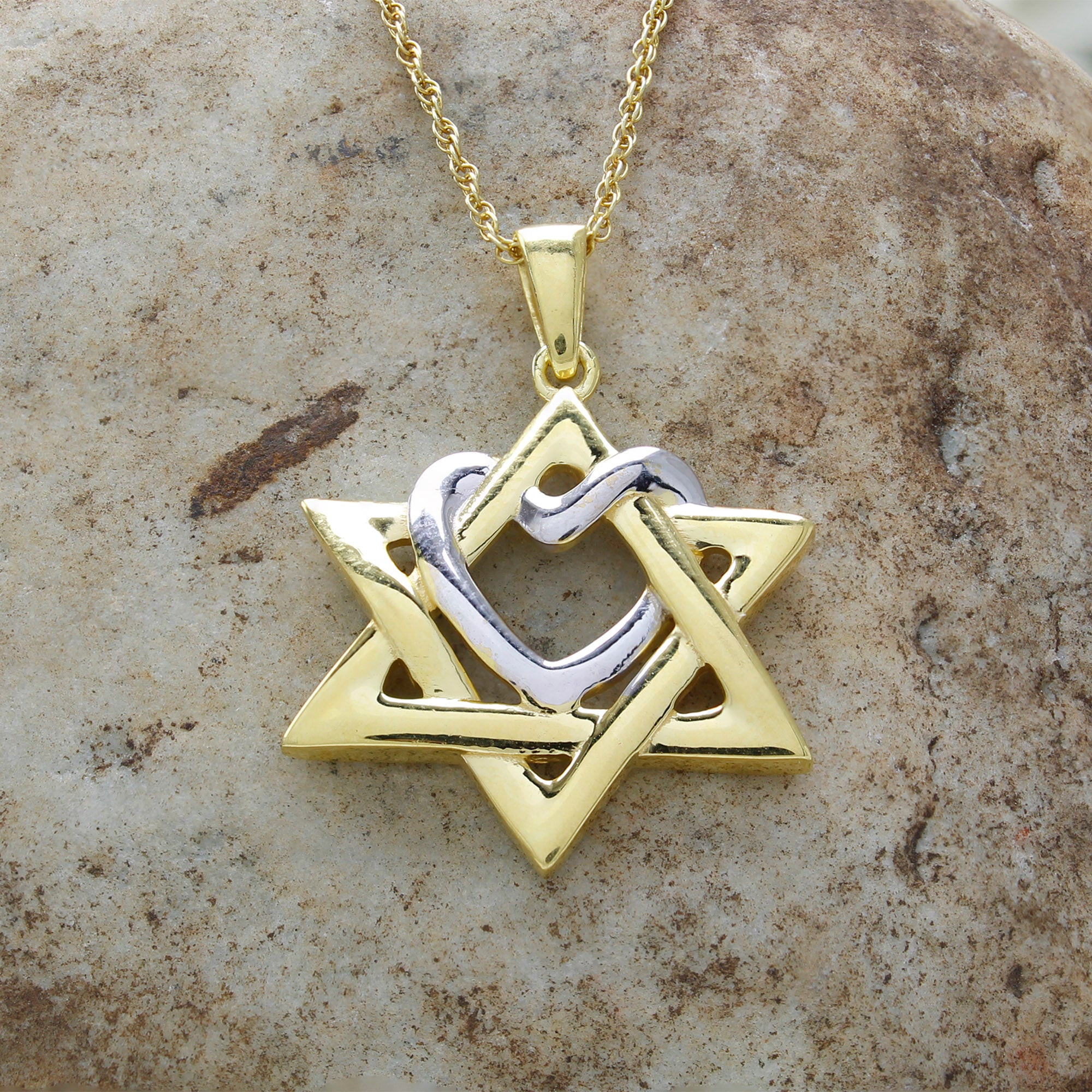 Two Tone Star of David with Heart Pendant Necklace