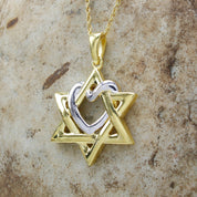 Two Tone Star of David with Heart Pendant Necklace