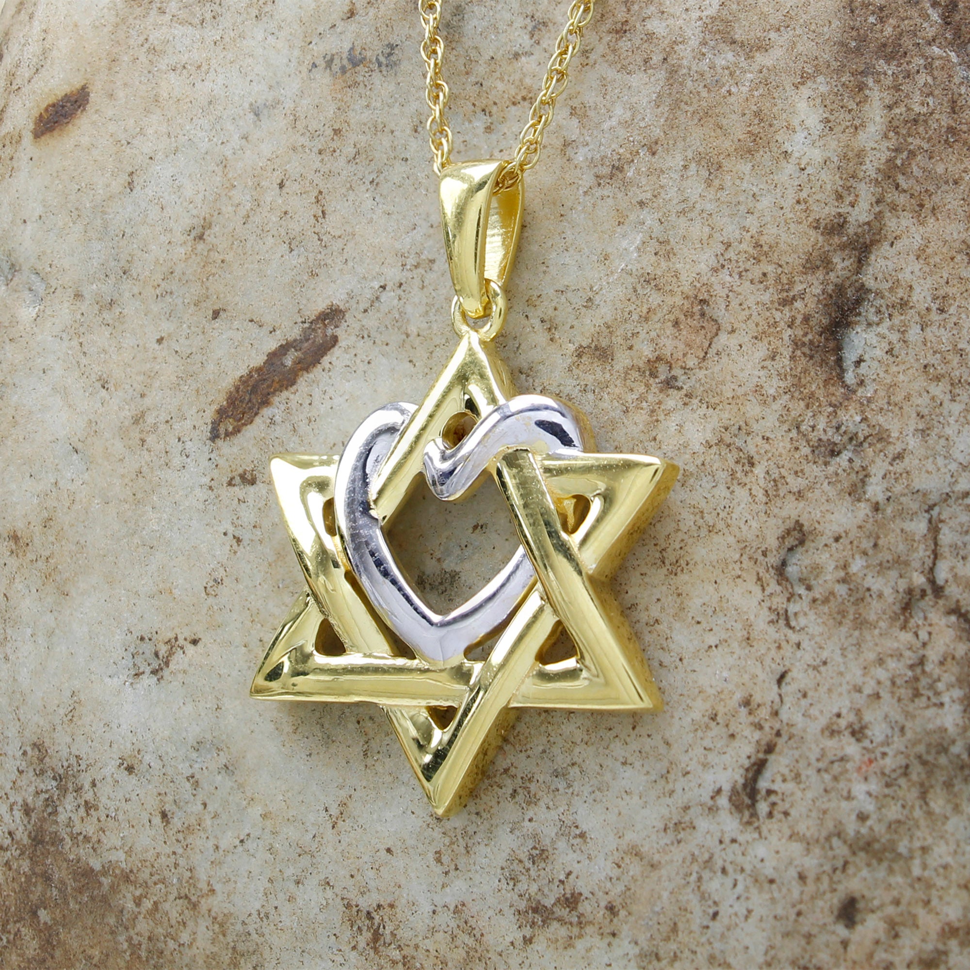 Two Tone Star of David with Heart Pendant Necklace