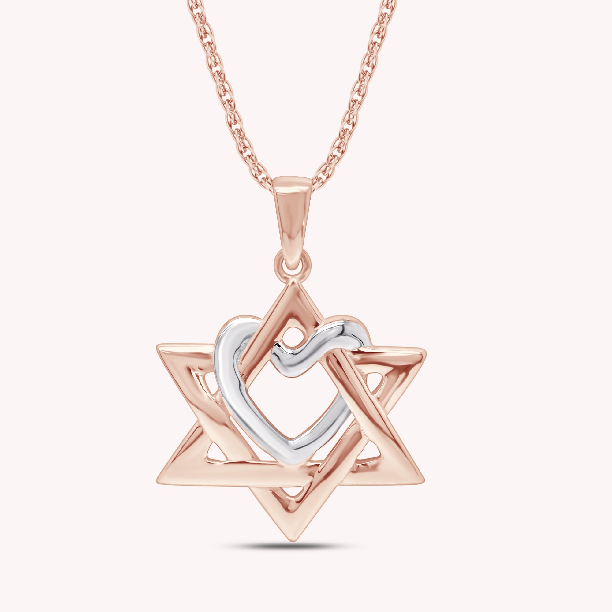 Two Tone Star of David with Heart Pendant Necklace