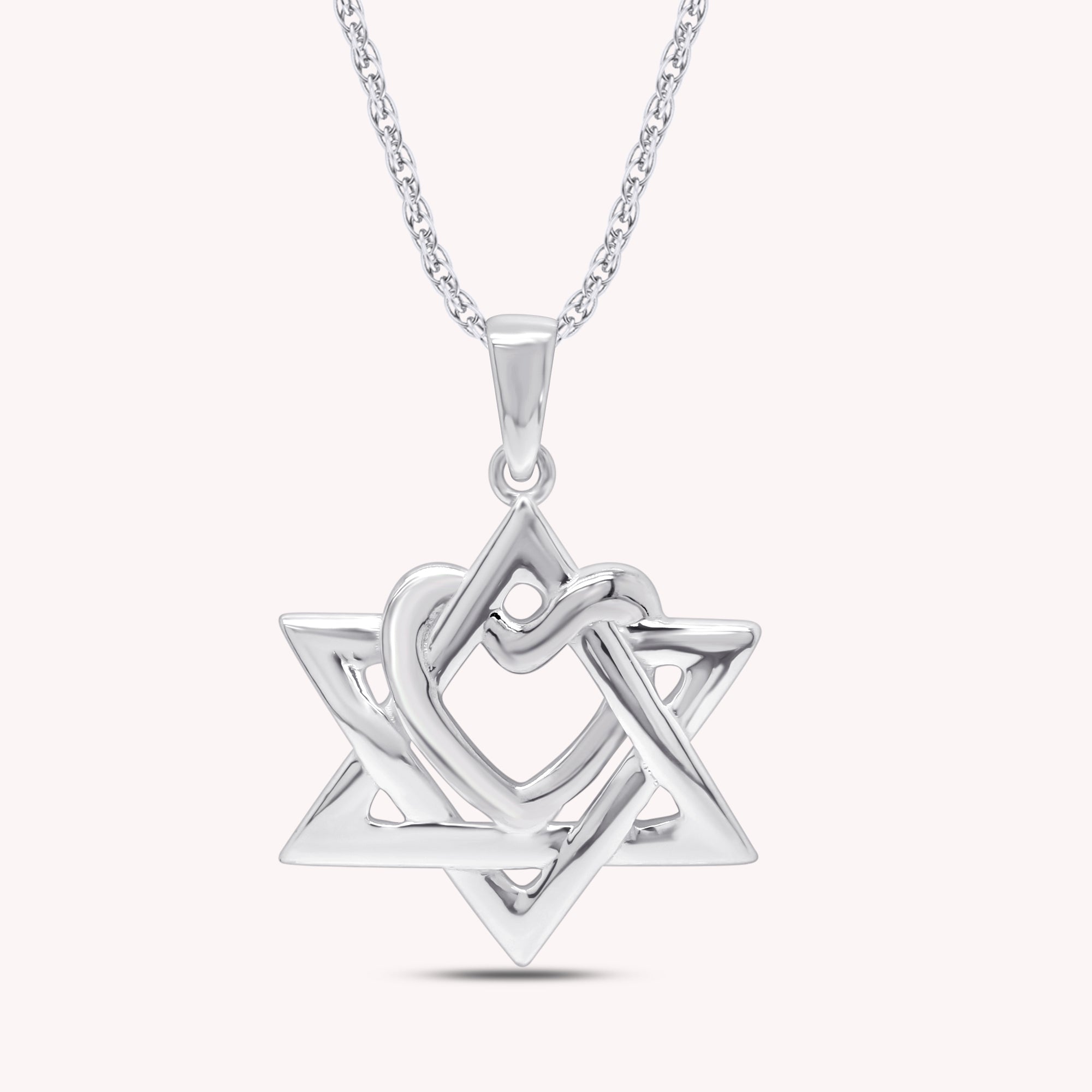 Two Tone Star of David with Heart Pendant Necklace