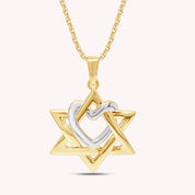 Two Tone Star of David with Heart Pendant Necklace