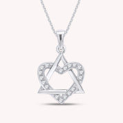 Round White CZ Jewish Star of David & Heart Pendant Necklace