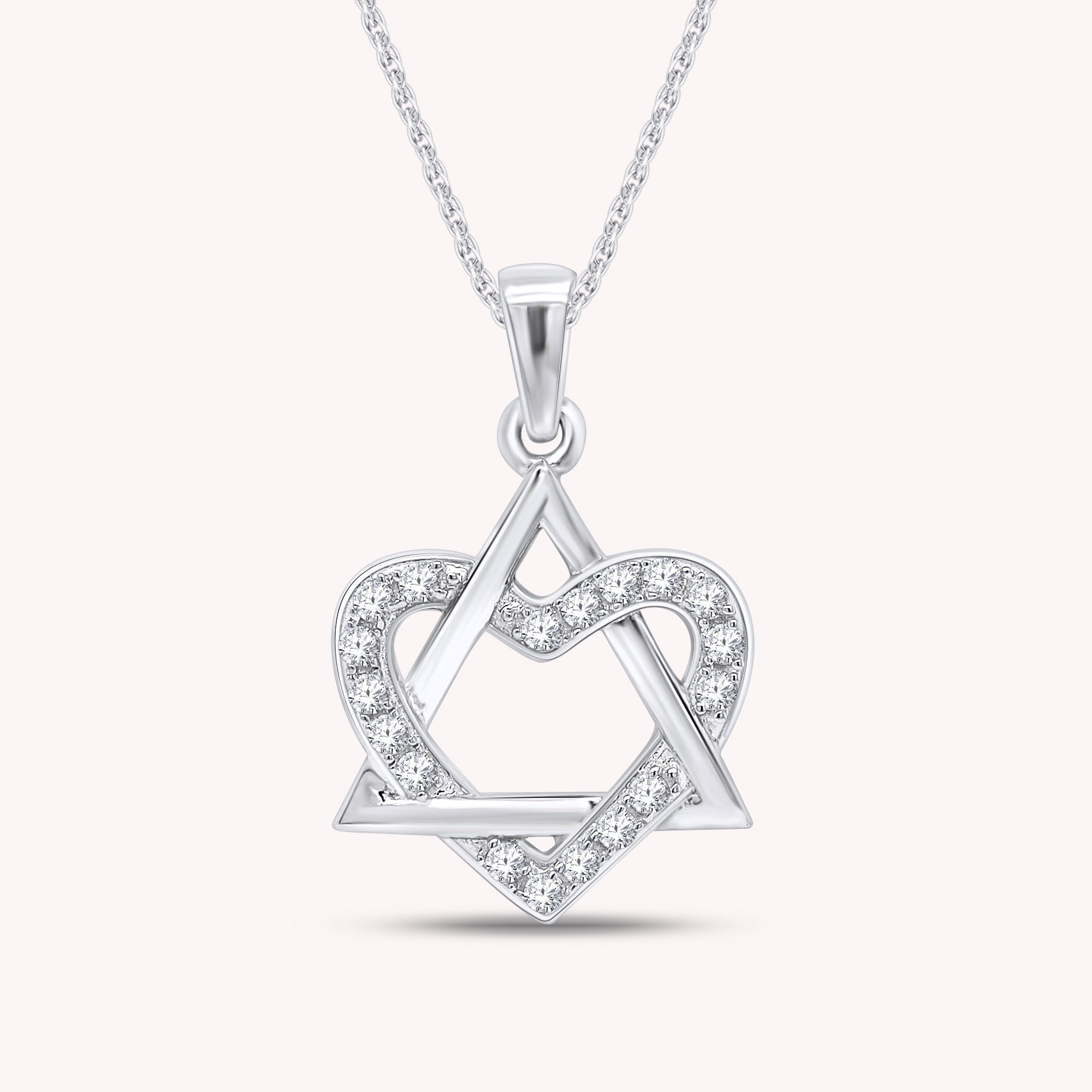 Round White CZ Jewish Star of David & Heart Pendant Necklace