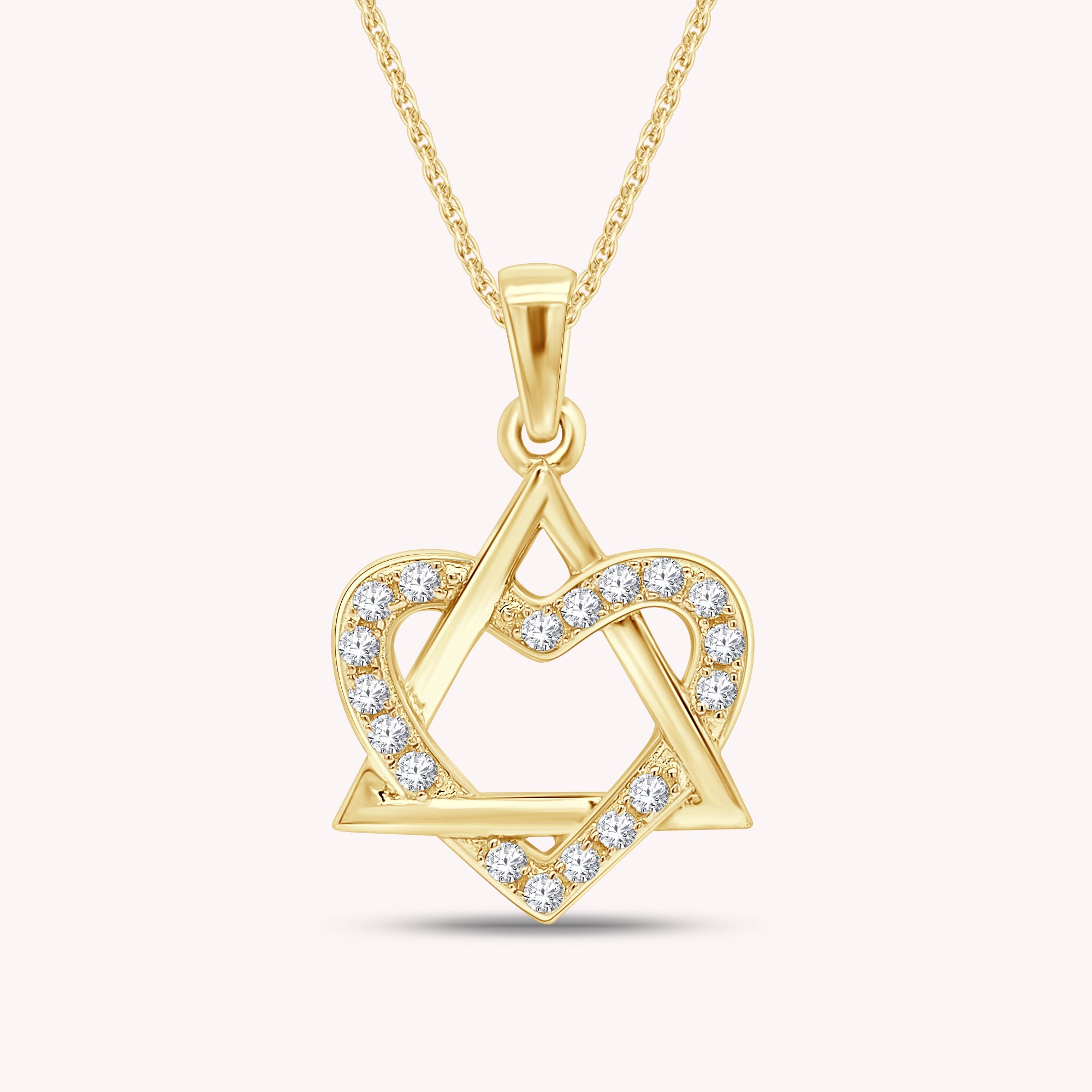 Round White CZ Jewish Star of David & Heart Pendant Necklace