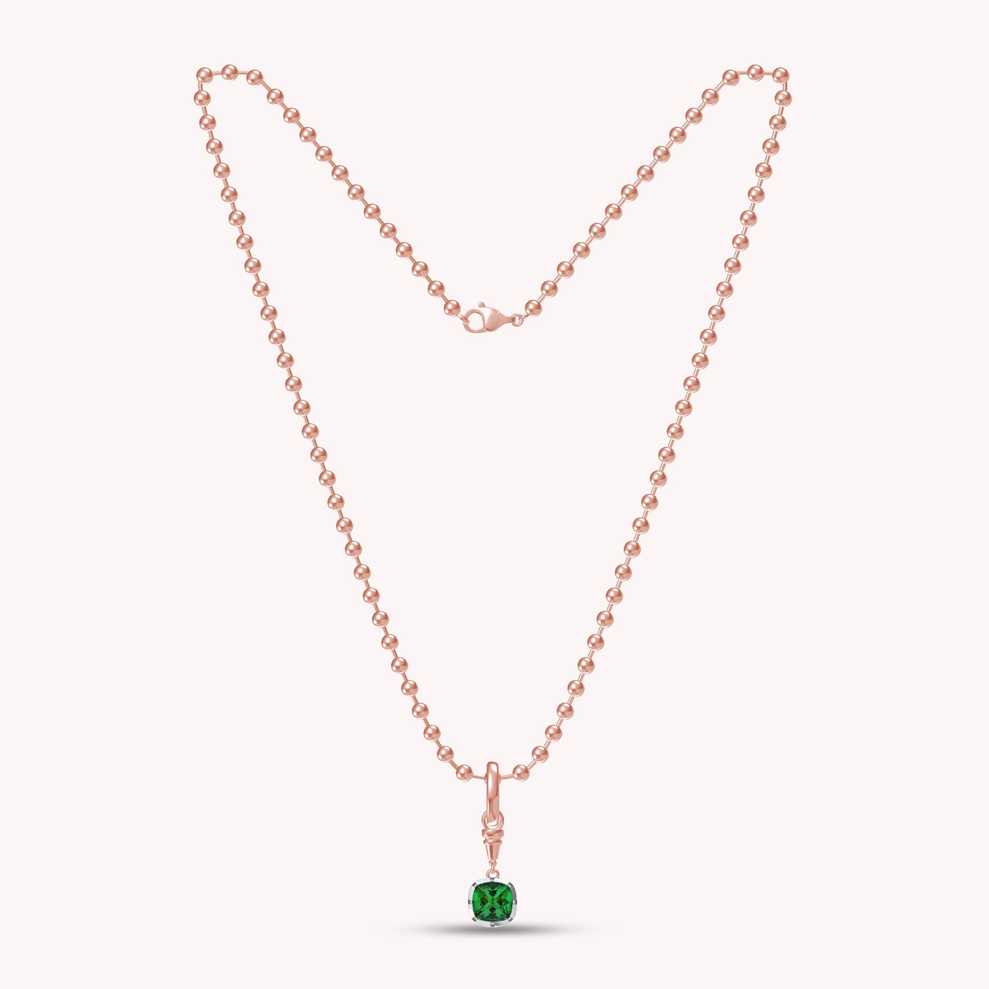Bead Chain with Cushion Shape Pendant In Lab Grown Emerald Gemstone