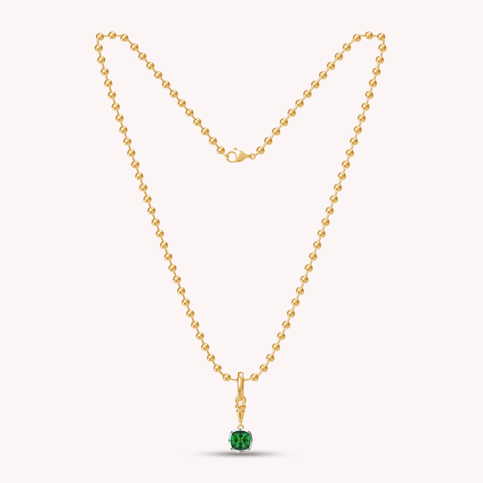 Bead Chain with Cushion Shape Pendant In Lab Grown Emerald Gemstone