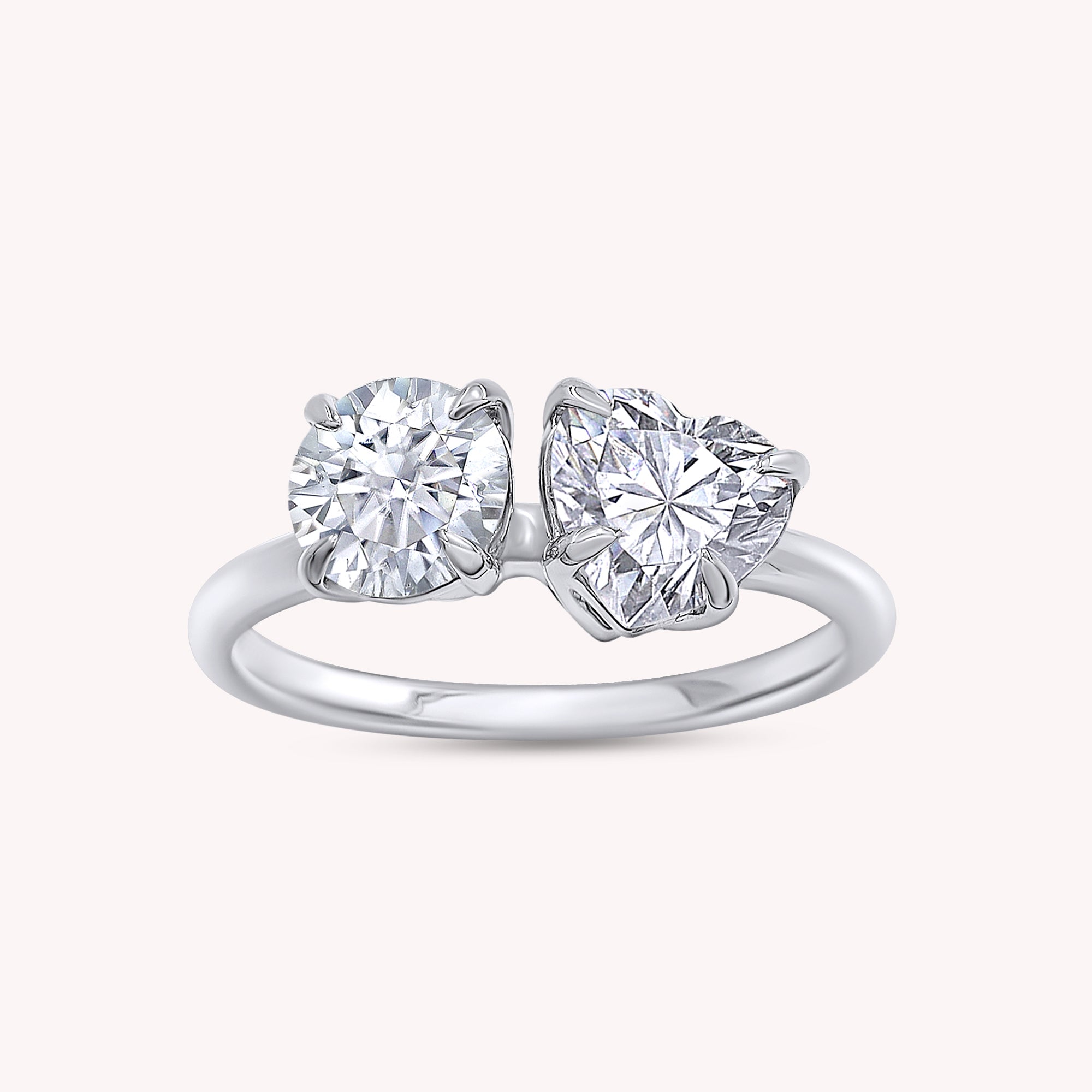 Round & Heart Lab Created Moissanite Diamond Toi Et Moi 2-Stone Engagement Ring In 925 Sterling Silver
