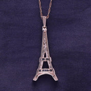 Round Natural Diamond Eiffel Tower Charm Pendant Necklace