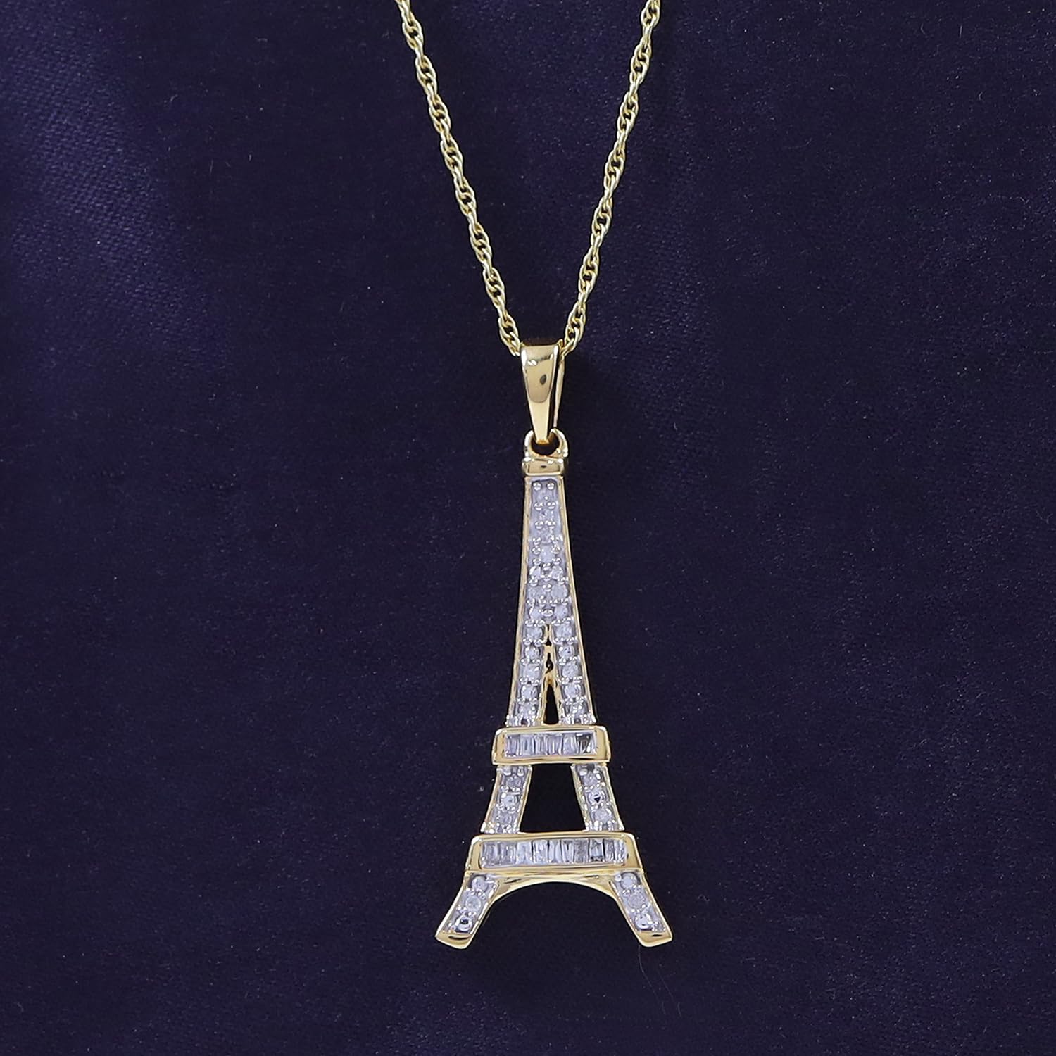 Round Natural Diamond Eiffel Tower Charm Pendant Necklace