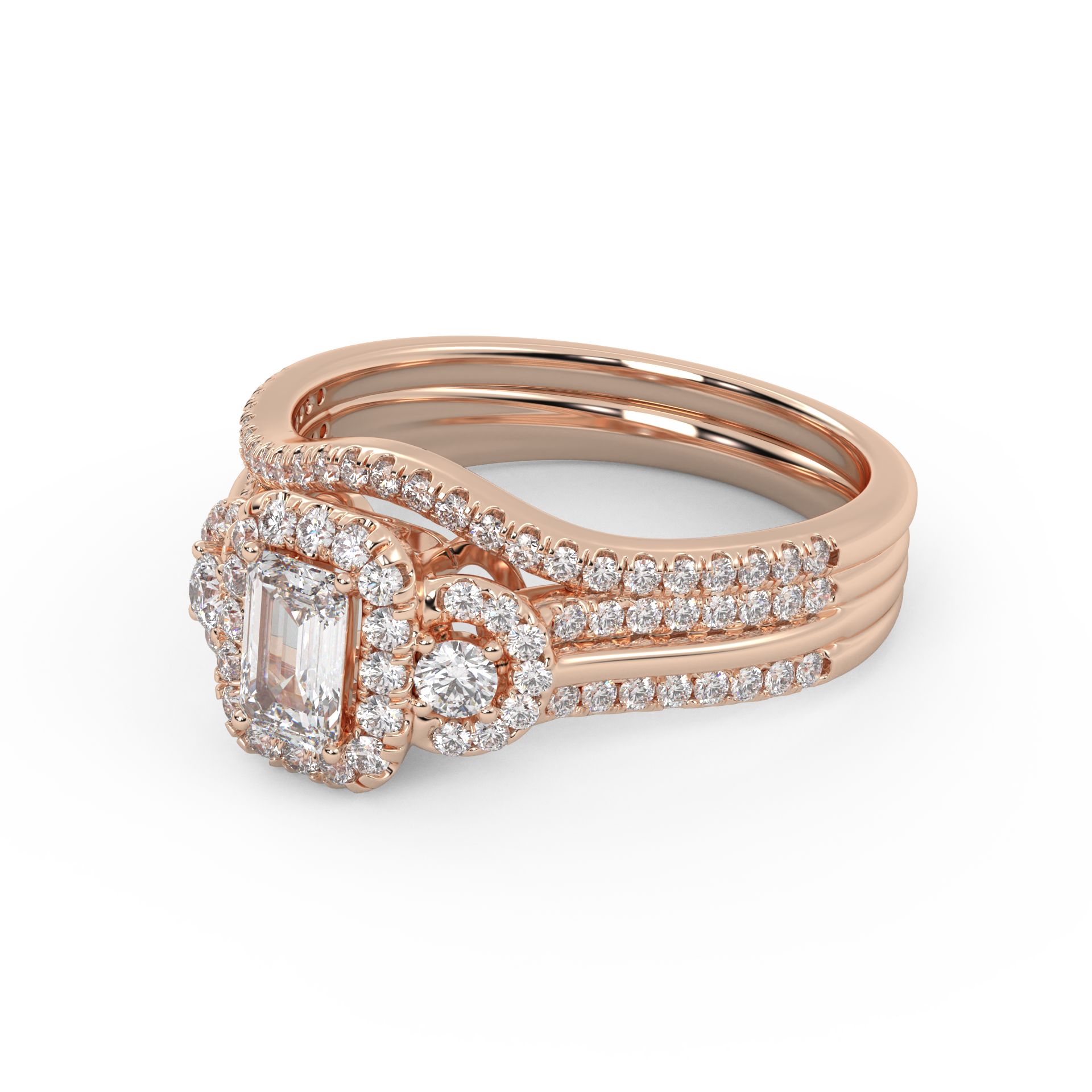 IGI Certified Three Stone Halo Bridal Set Ring