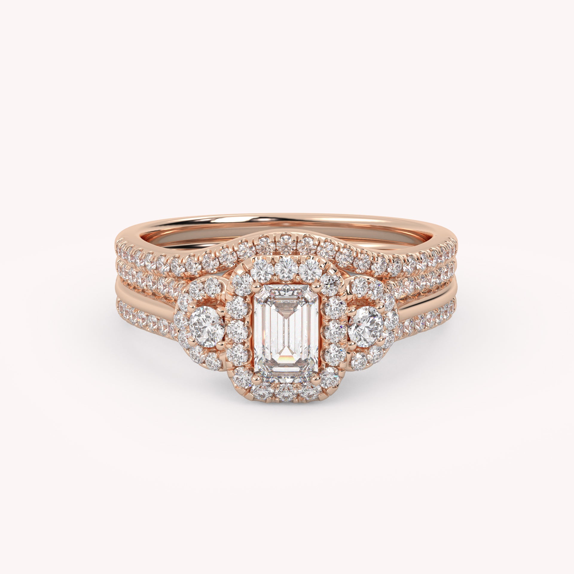 IGI Certified Three Stone Halo Bridal Set Ring