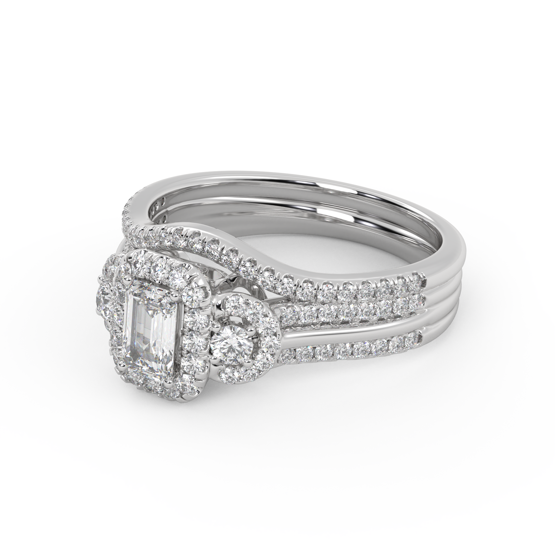 IGI Certified Three Stone Halo Bridal Set Ring