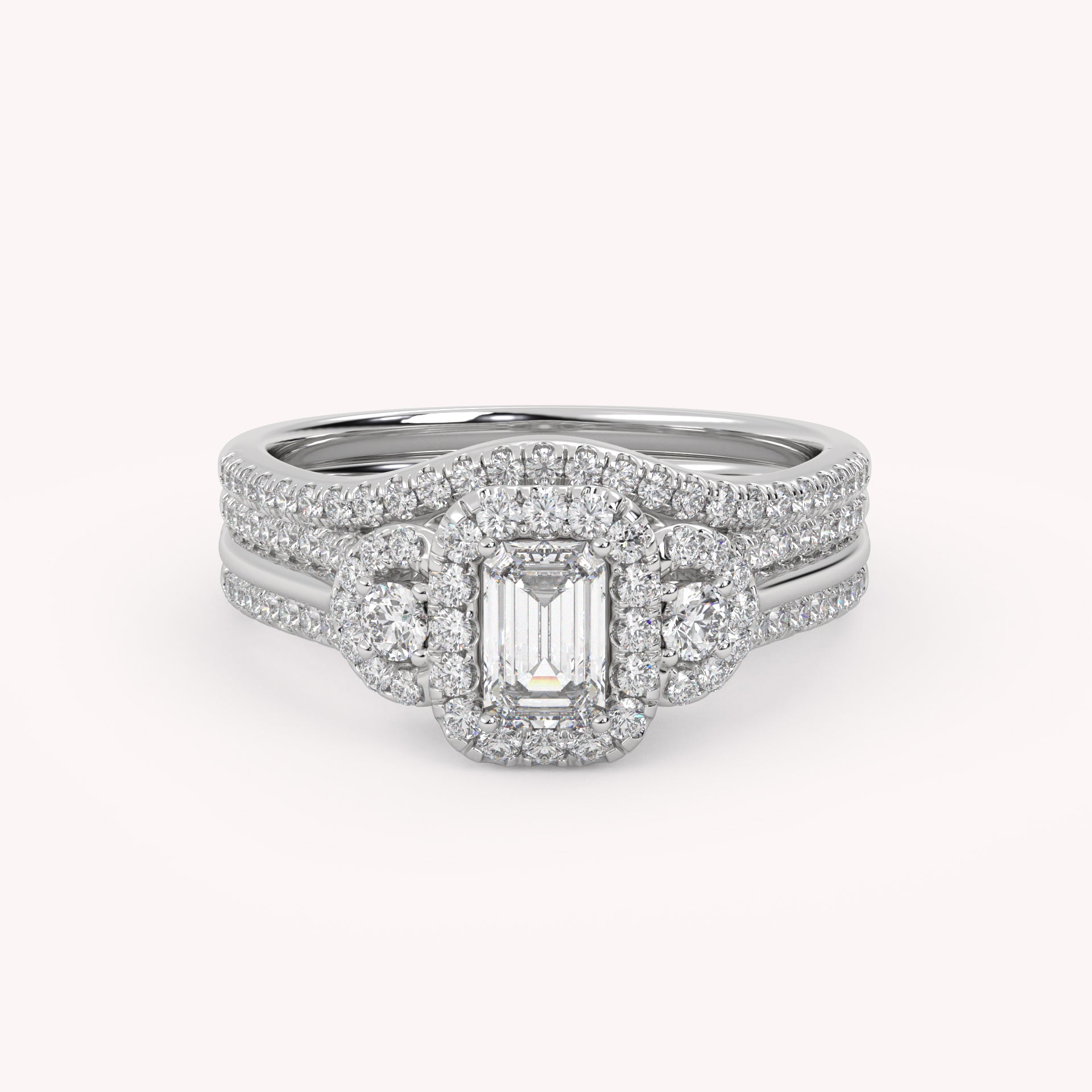 IGI Certified Three Stone Halo Bridal Set Ring