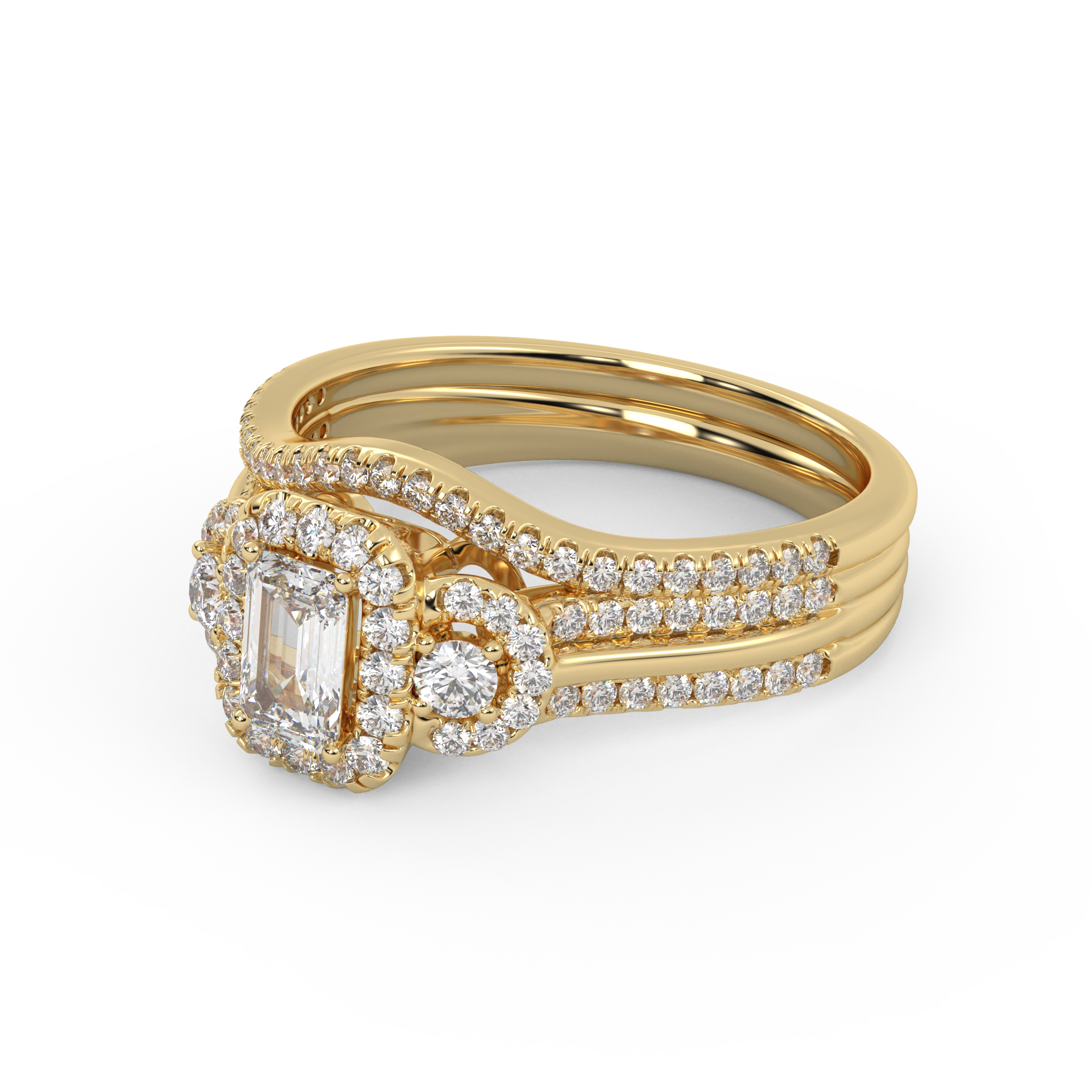 IGI Certified Three Stone Halo Bridal Set Ring