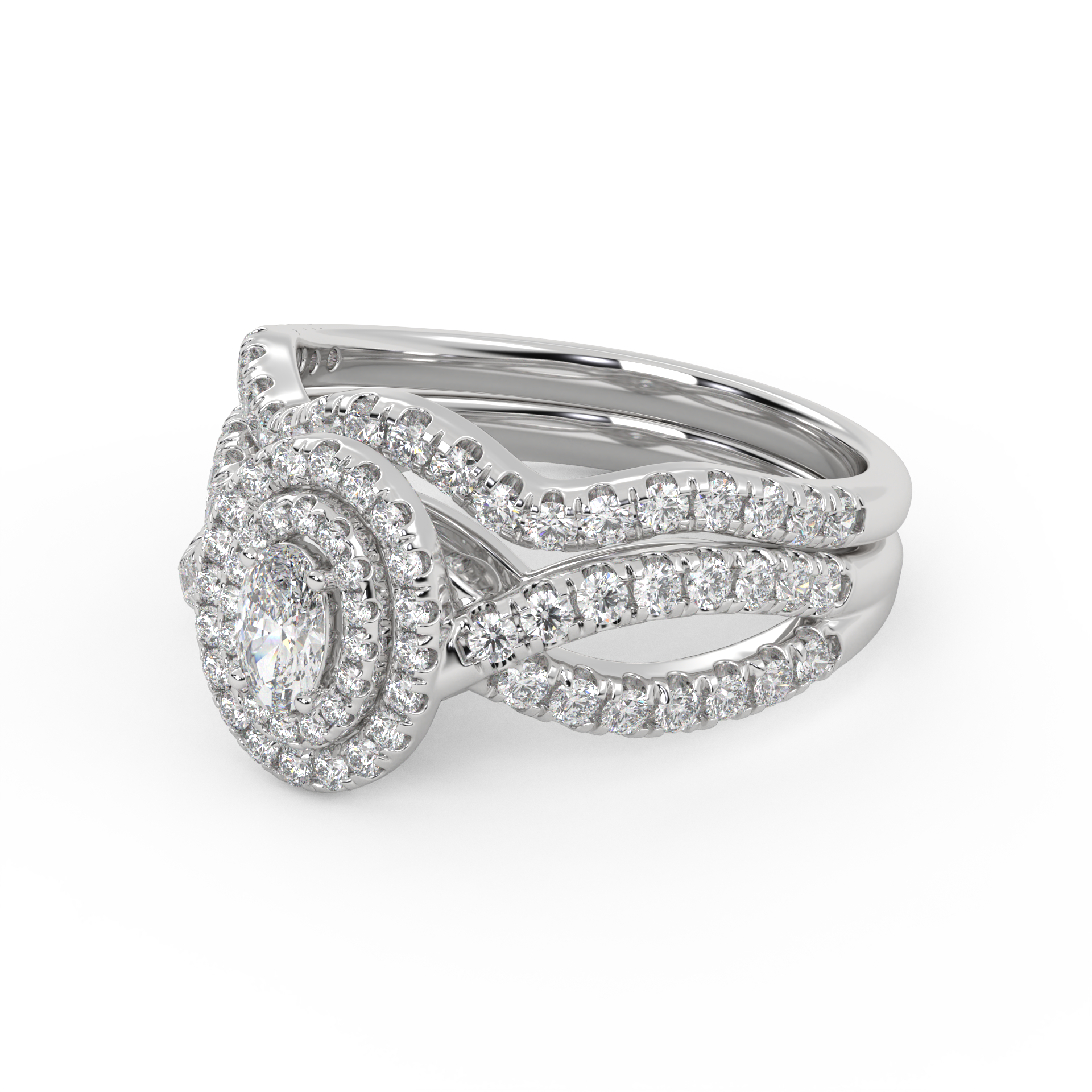 IGI Certified Twisted Shank Double Halo Diamond Bridal Set Ring