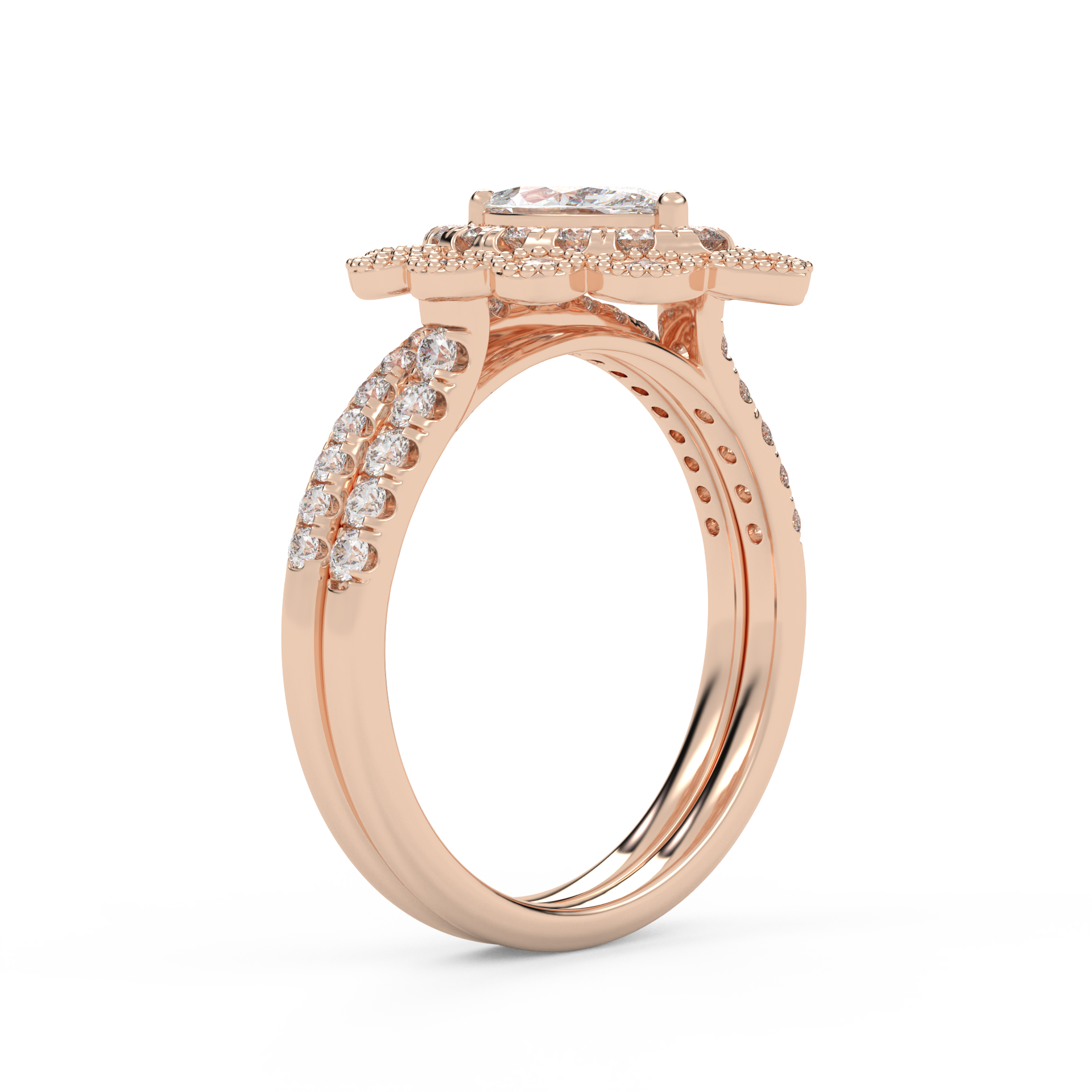 IGI Certified Marquise Halo Beaded Bridal Set Ring