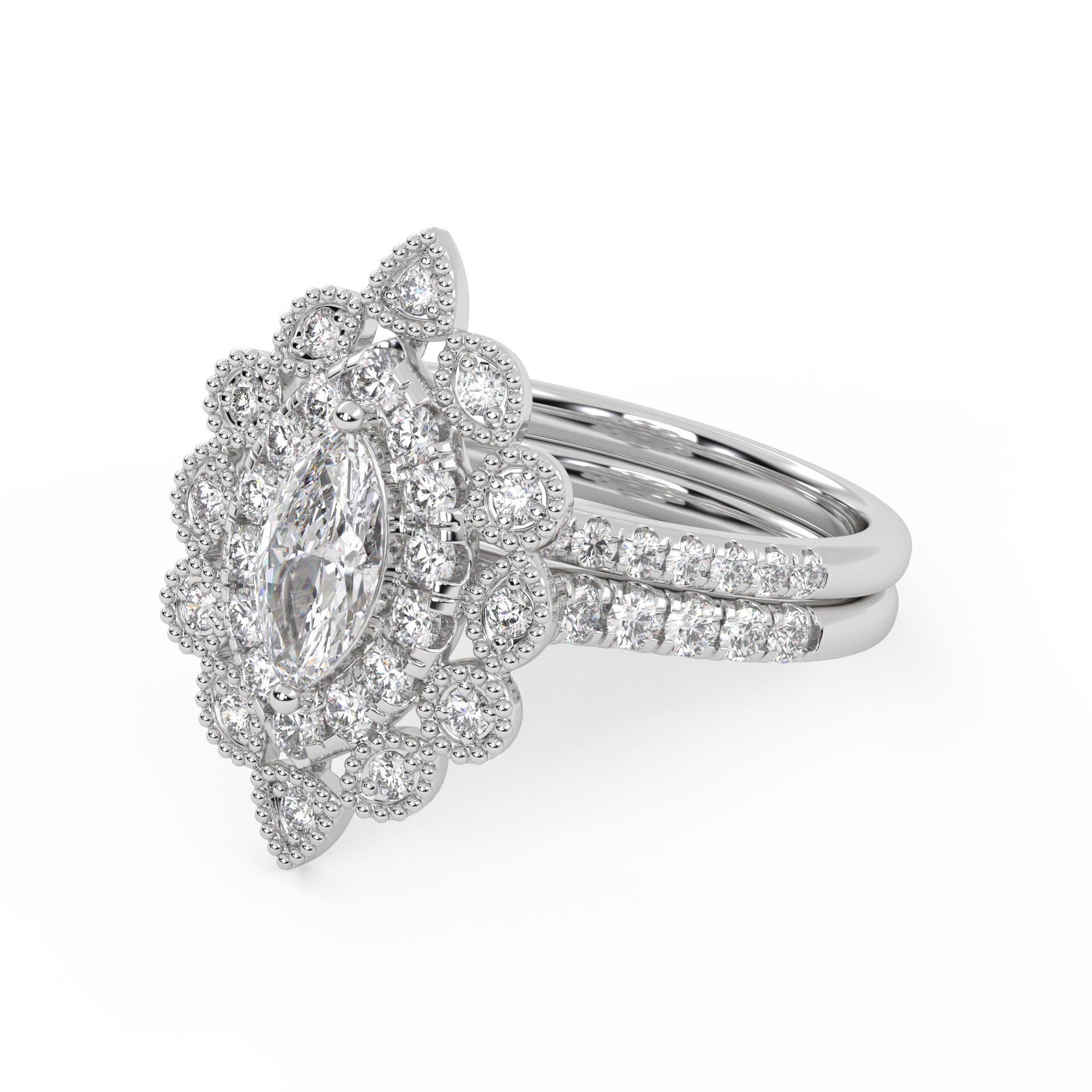 IGI Certified Marquise Halo Beaded Bridal Set Ring