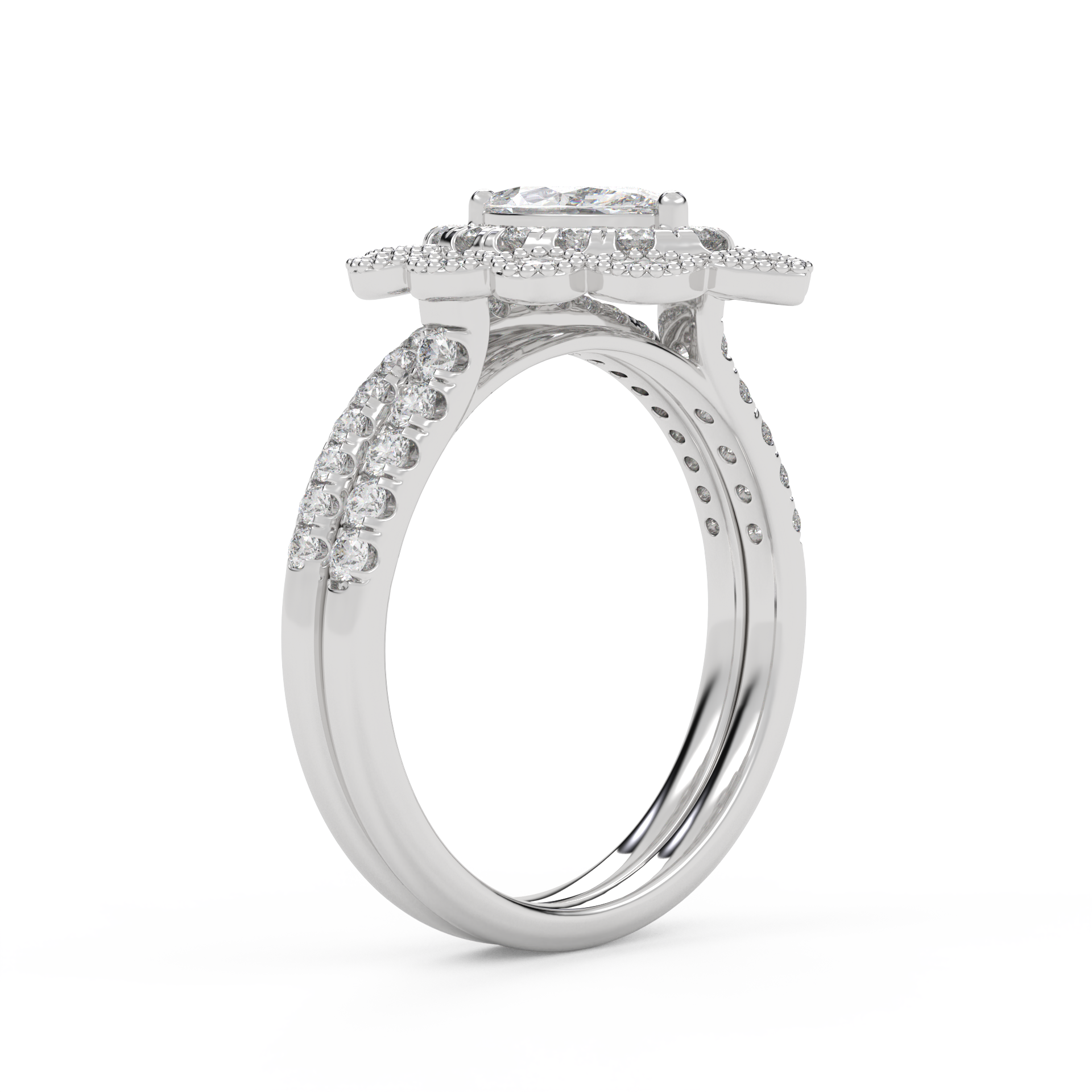 IGI Certified Marquise Halo Beaded Bridal Set Ring