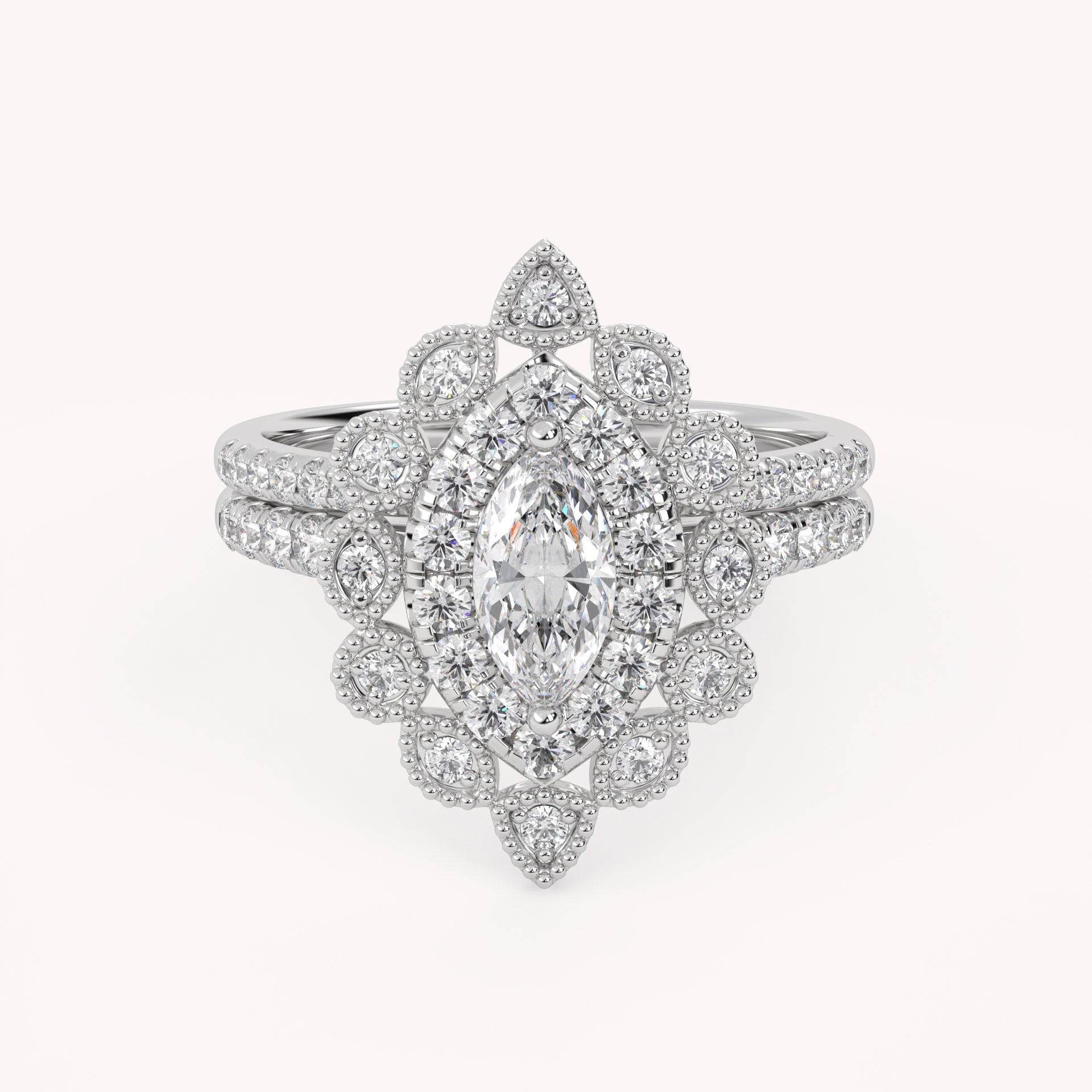 IGI Certified Marquise Halo Beaded Bridal Set Ring