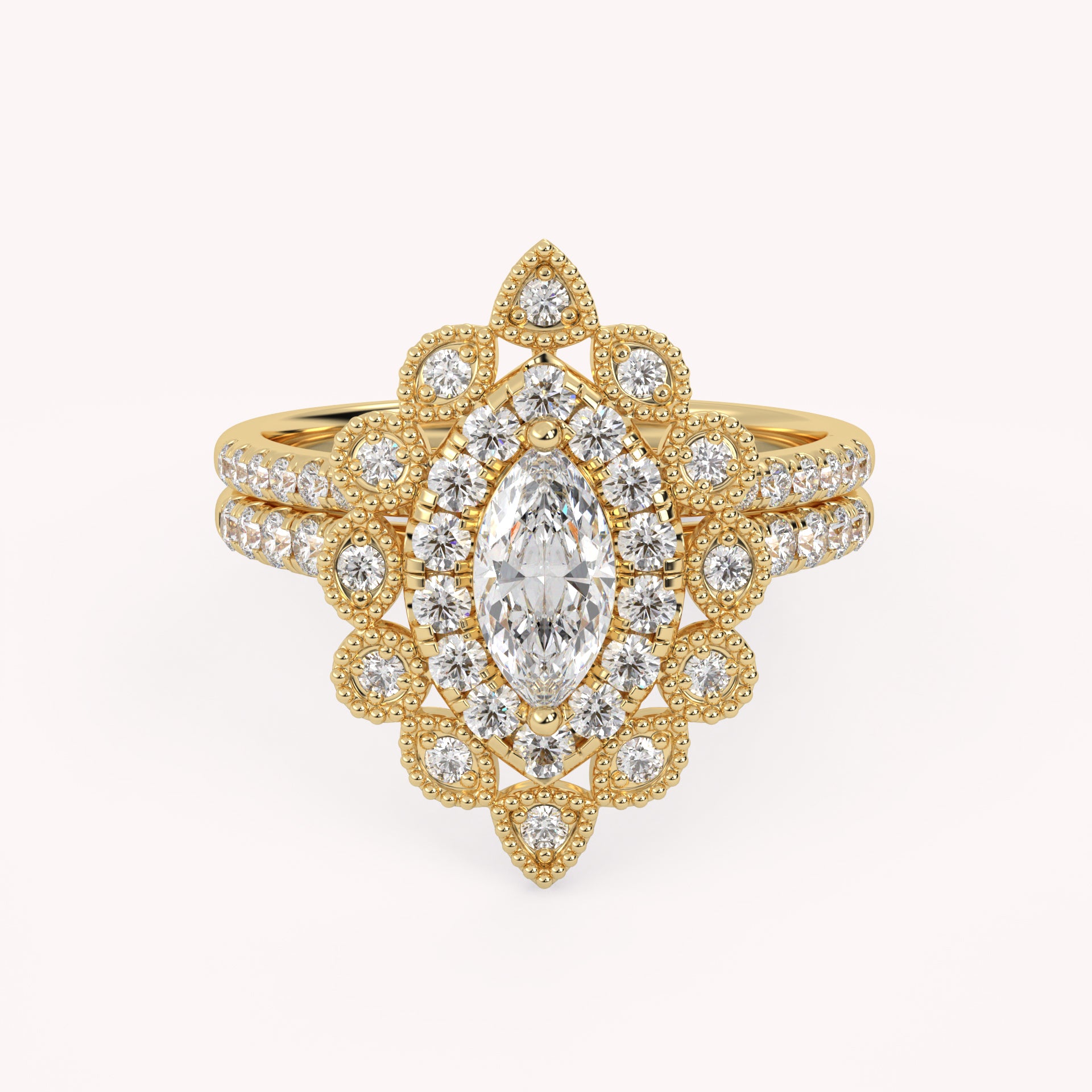 IGI Certified Marquise Halo Beaded Bridal Set Ring