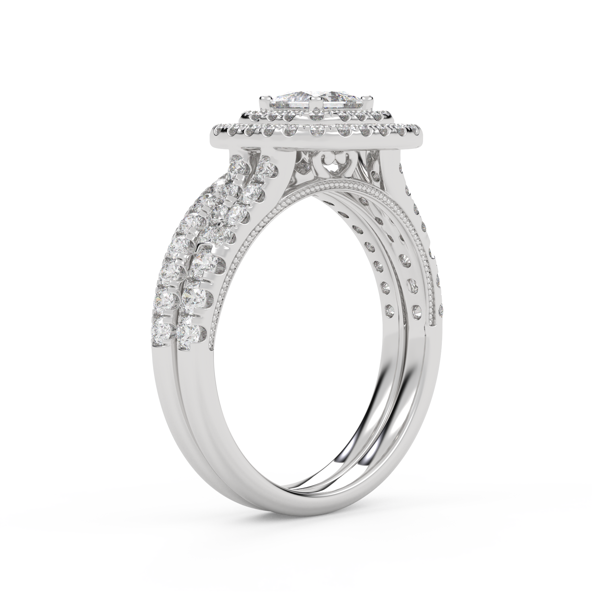 Princess and Round 1.25 Carat Double Halo Bridal Set Ring