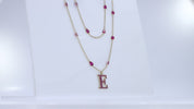 Personalized Initial Letter " E " Two Layer Station Necklace In Ruby Lab Grown Gemstone