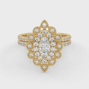 IGI Certified Marquise Halo Beaded Bridal Set Ring