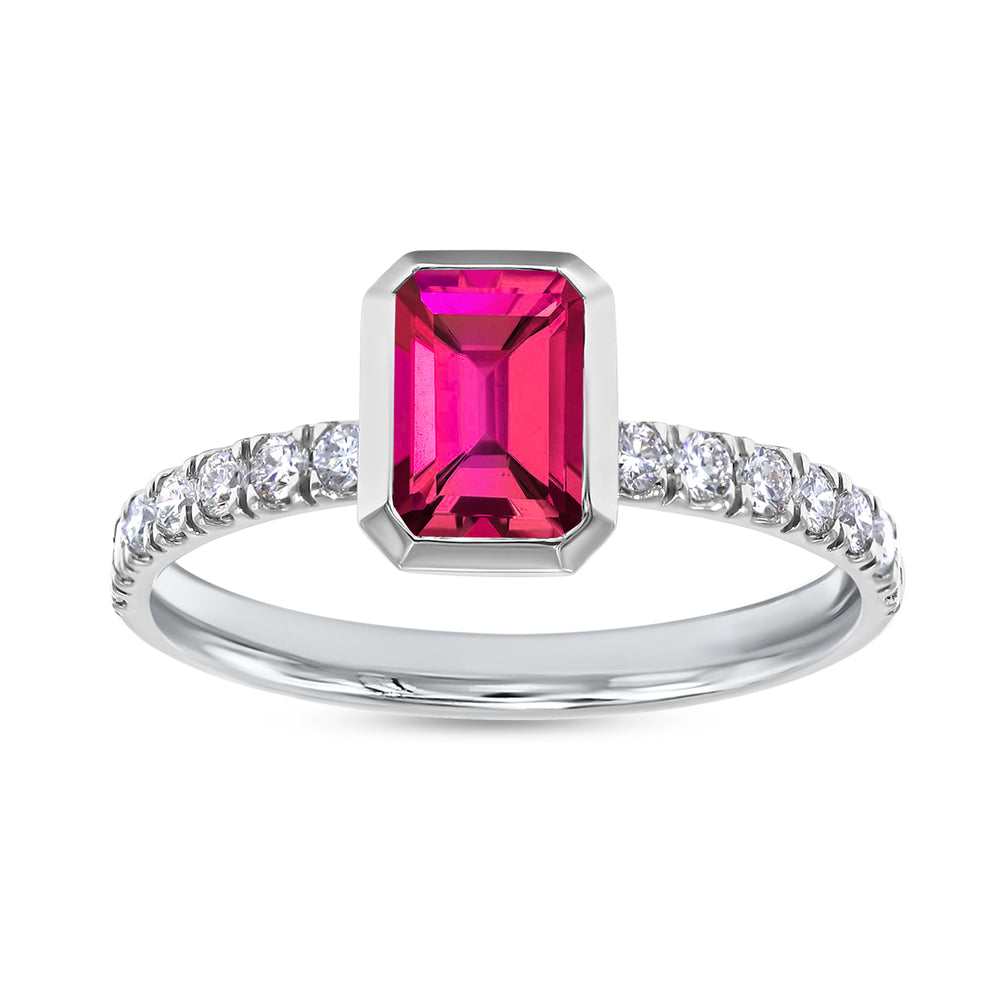 
                      
                        Solitaire Engagement Ring Emerald Cut Ruby Lab Grown Gemstone & Round Lab Created Moissanite Diamond Ring For Women 14k Gold Over Sterling Silver (1.40 Ctw)
                      
                    