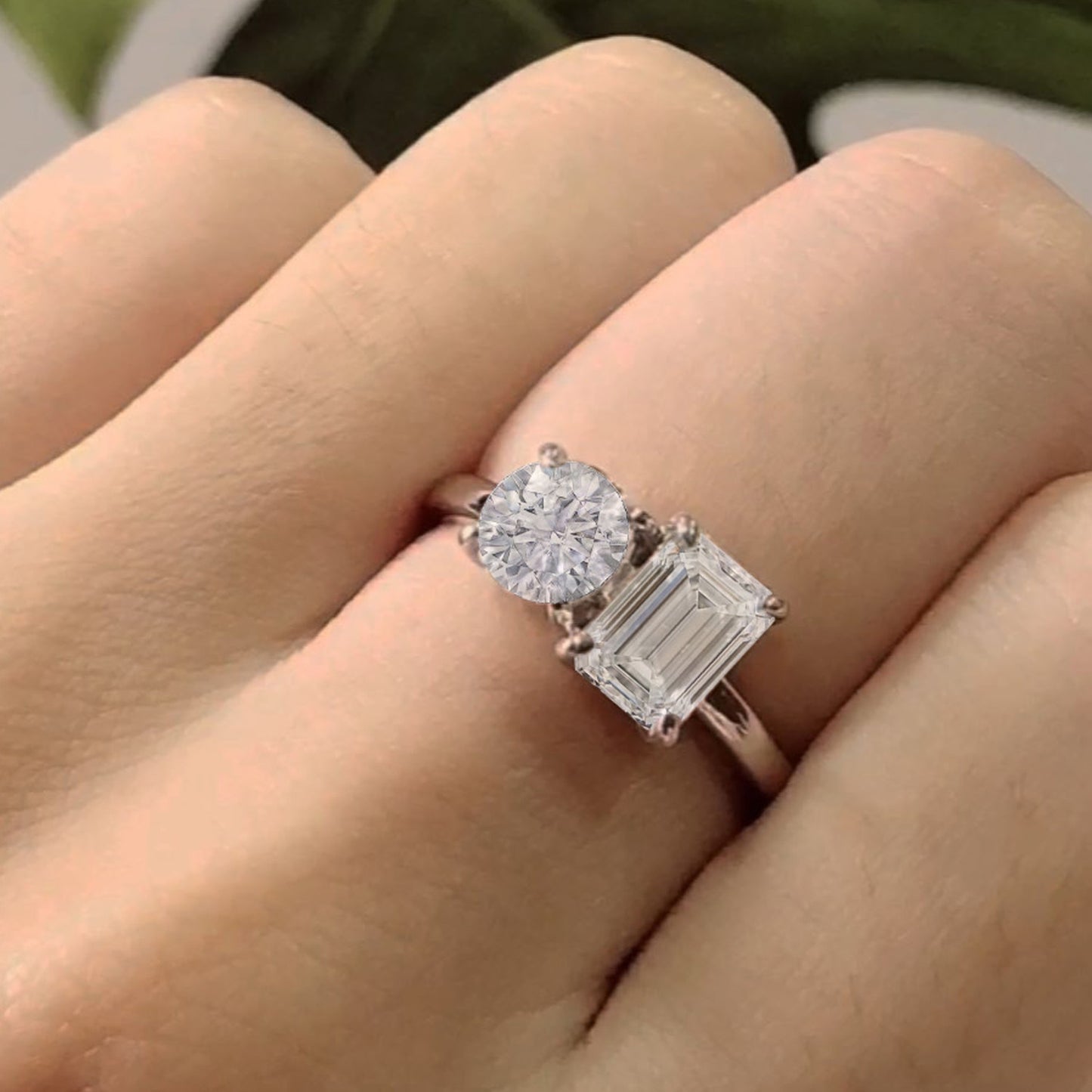 1.75 Carat Emerald & Round Cut Lab Created Moissanite Diamond Toi Et Moi 2-Stone Engagement Ring In 925 Sterling Silver