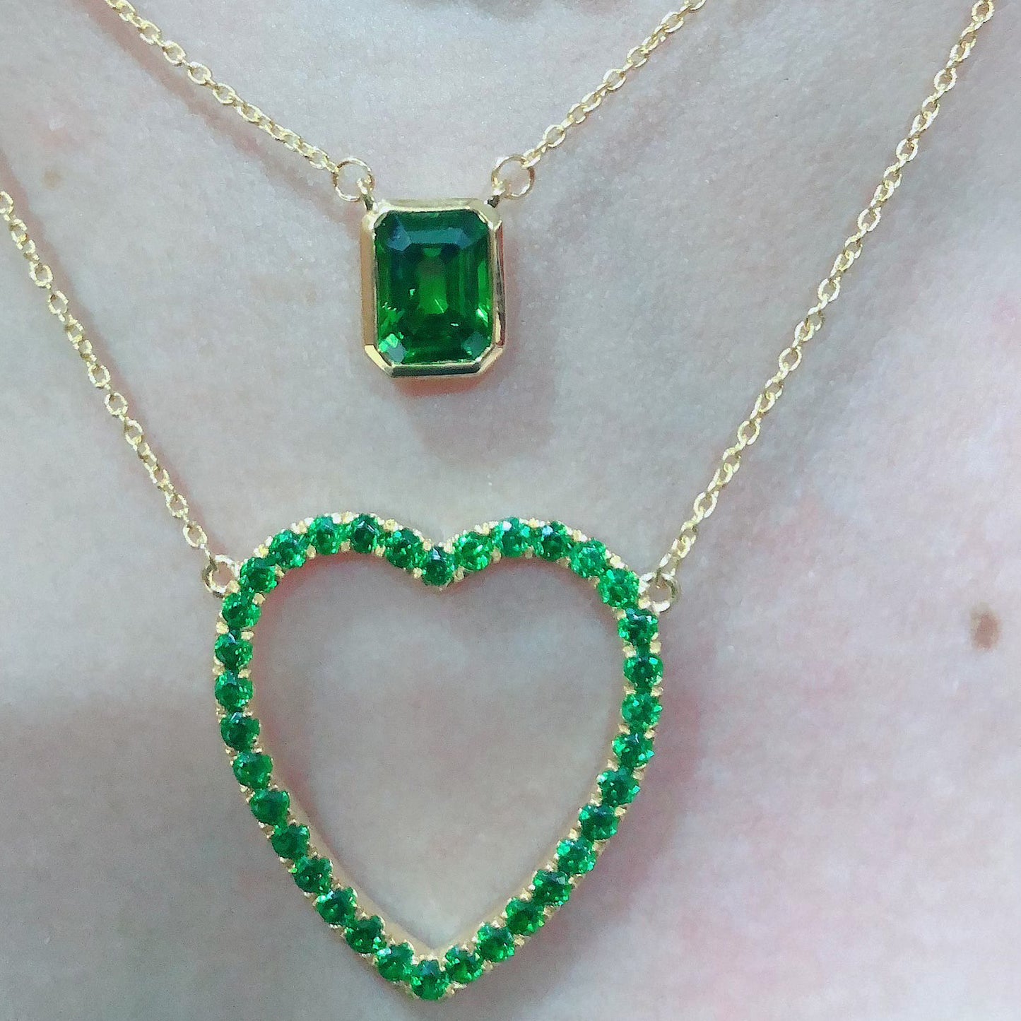 Round Cut Simulated Green Emerald Open Heart Pendant Necklace For Womens In 10K Or 14K Solid Gold And 925 Sterling Silver