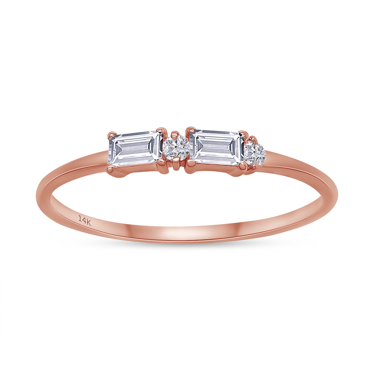 14k Rose Gold Baguette And Round Cut Lab Grown Diamond Engagement Promise Rings | Dainty Stacking Rings For Women