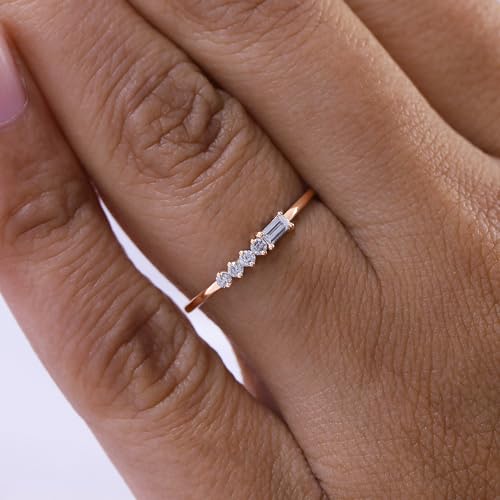 14k Rose Gold Baguette And Round Cut Lab Grown Diamond Engagement Promise Rings | Dainty Stacking Rings For Women