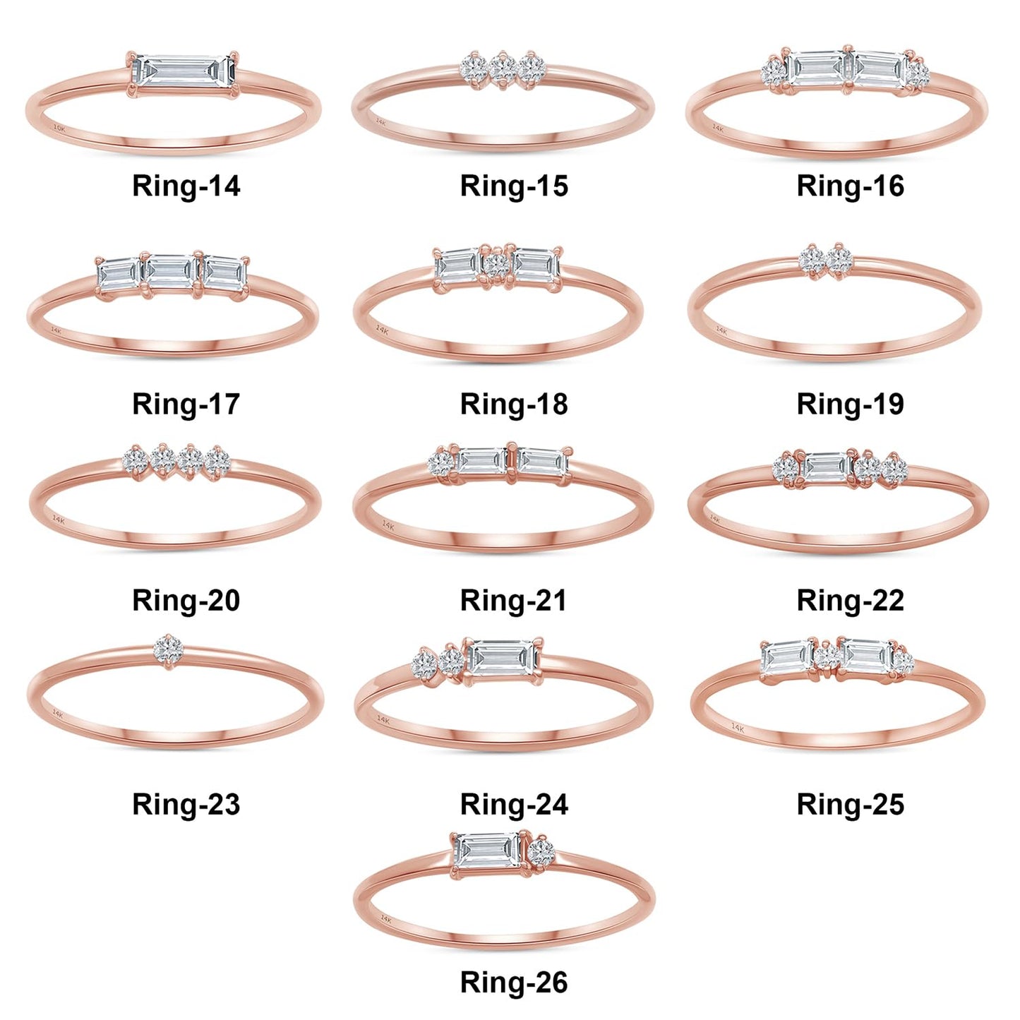 14k Rose Gold Baguette And Round Cut Lab Grown Diamond Engagement Promise Rings | Dainty Stacking Rings For Women