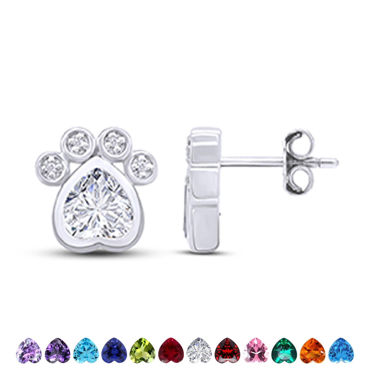 Heart & Round Cut Simulated Birthstone & White Cubic Zirconia Dog Paw Print Stud Earrings For Women In 925 Sterling Silver