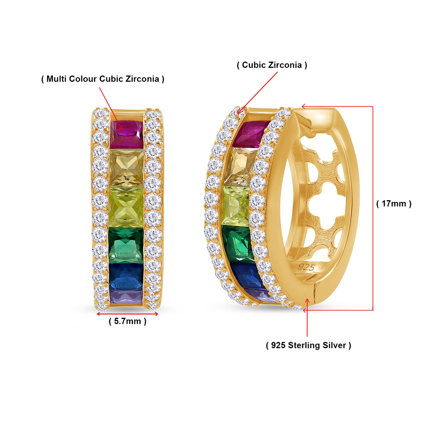 Load image into Gallery viewer, Rainbow Hoop Earrings for Women, 14K Gold Plated 925 Sterling Silver Multi-Color Cubic Zirconia Round Huggie Earrings, Hypoallergenic Earrings Jewelry Gifts
